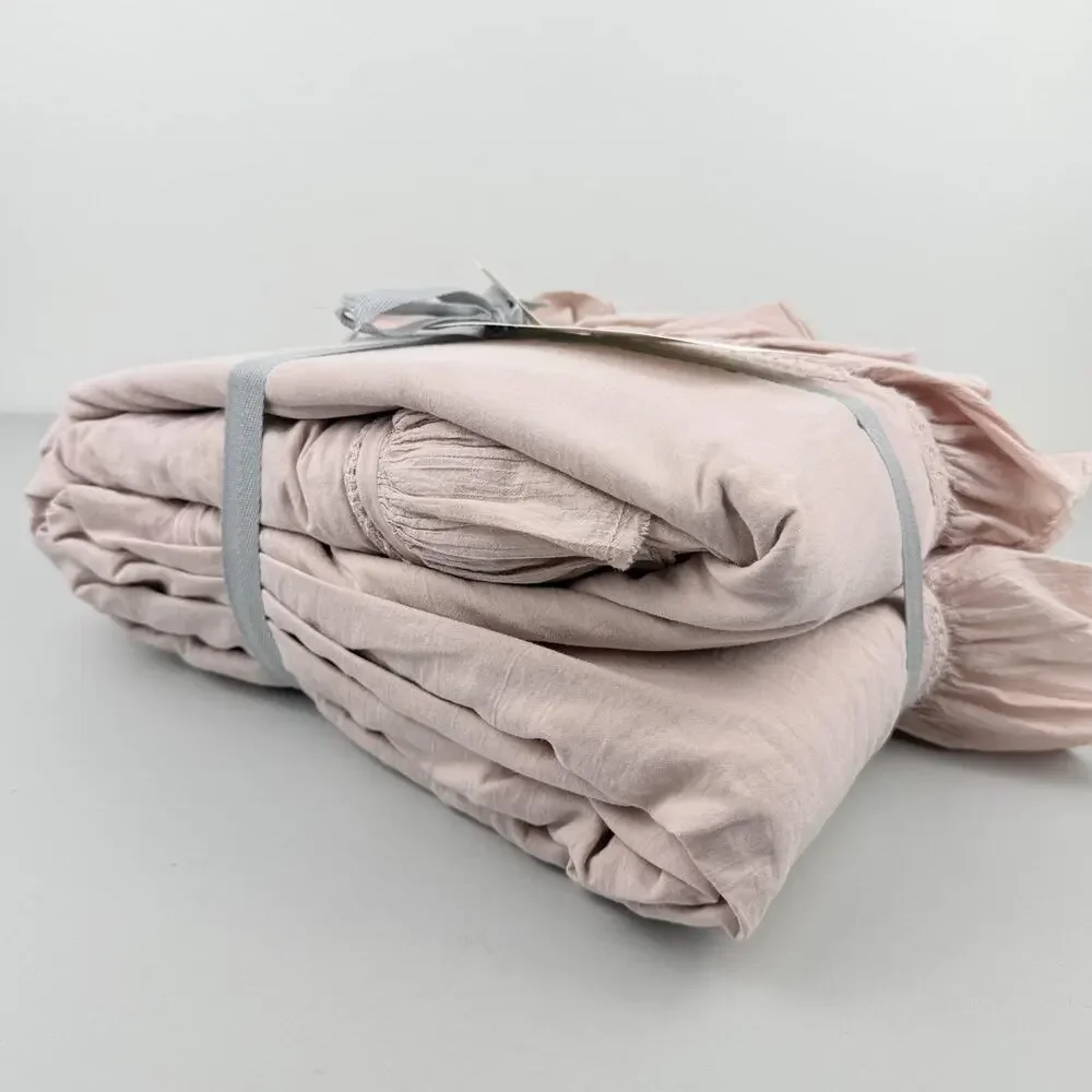 Anthropologie Ruffled Organic Spa Sateen Duvet Cover KING Peach Pink Bedding New